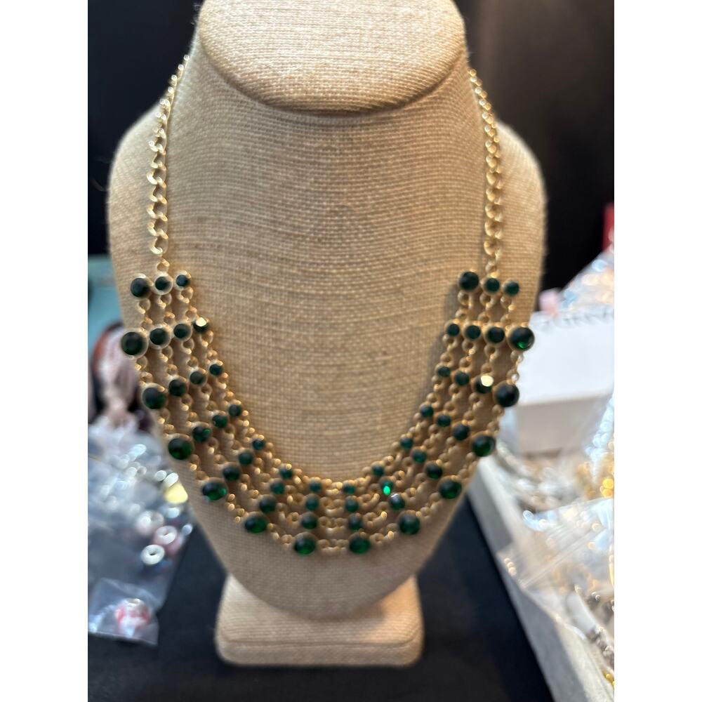 Vintage Gold Tone Green Glass Multi Strand Statement Necklace
